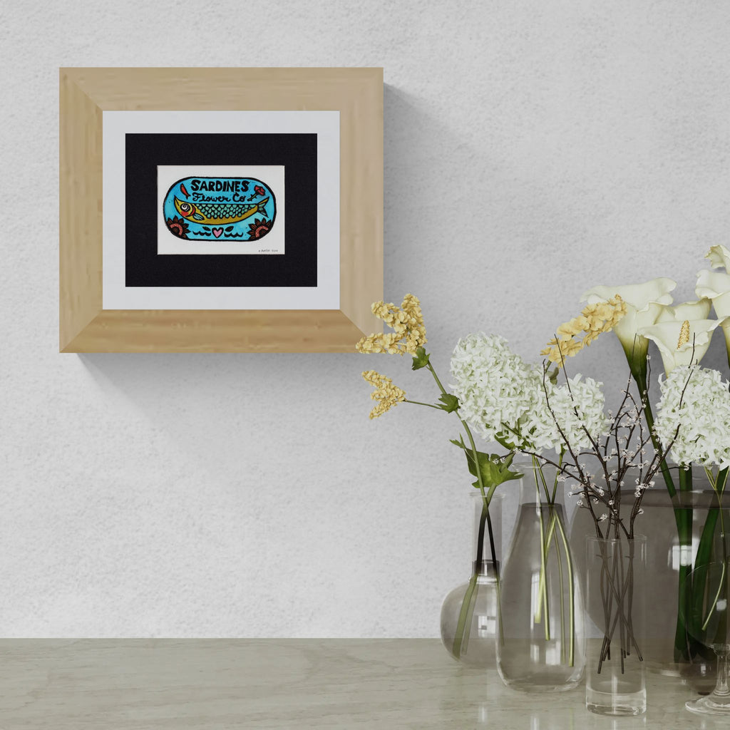 Flower Co. Sardines- Hand-Painted Linoleum Block Print: Sky-Blue