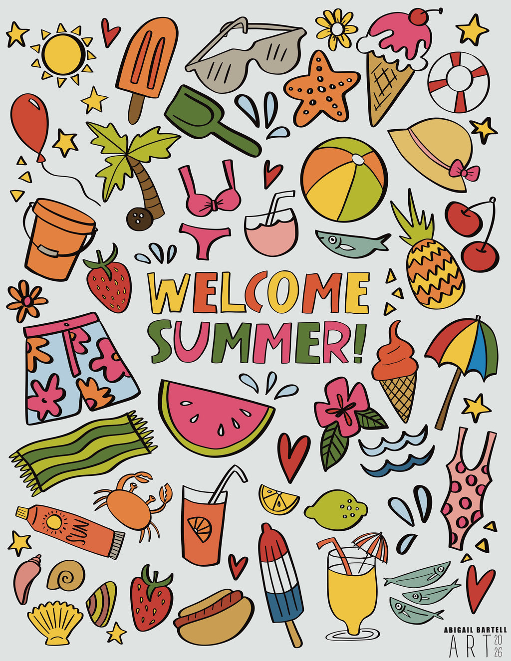 Colorful summer-themed illustrations with 'Welcome Summer!' text on a white background.