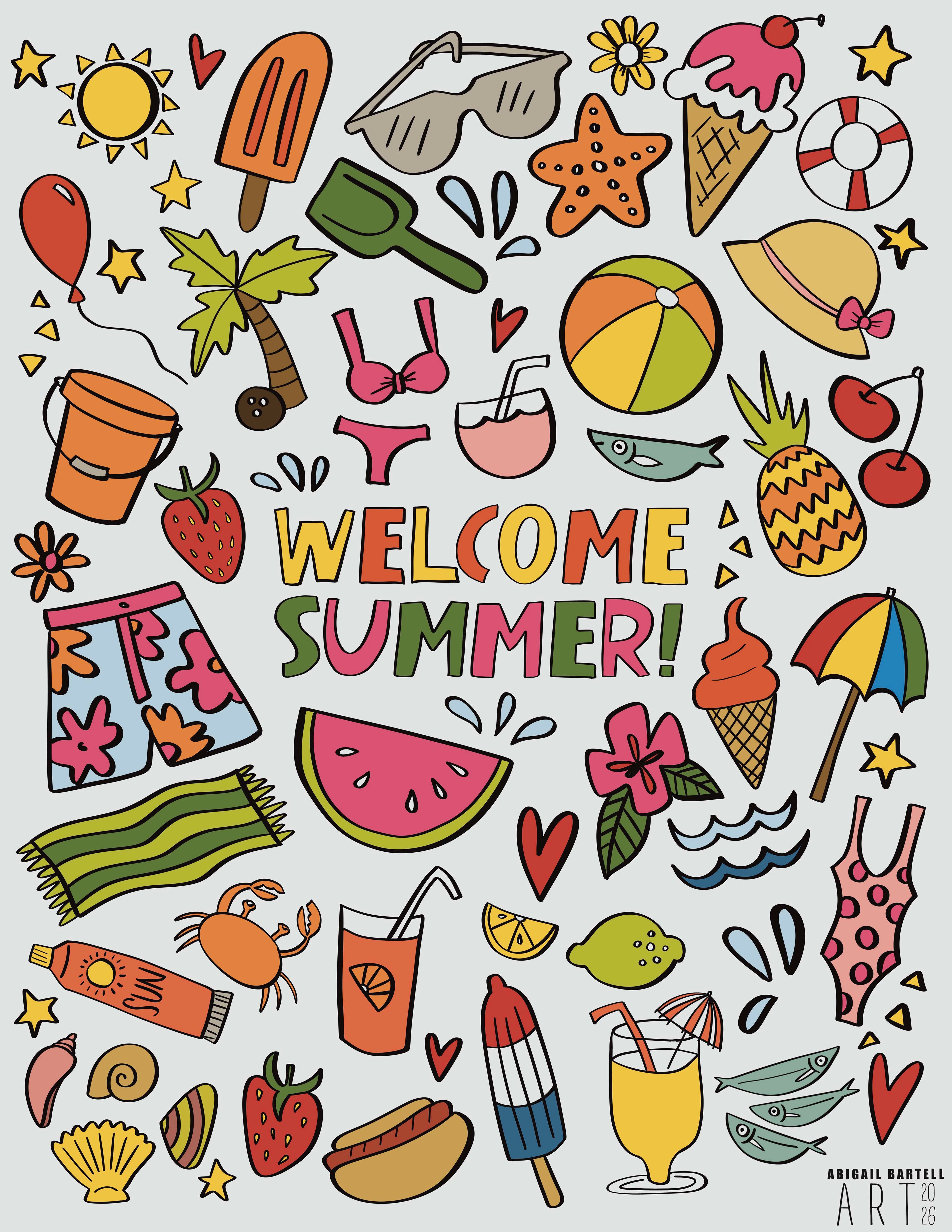 Colorful summer-themed illustrations with 'Welcome Summer!' text on a white background.