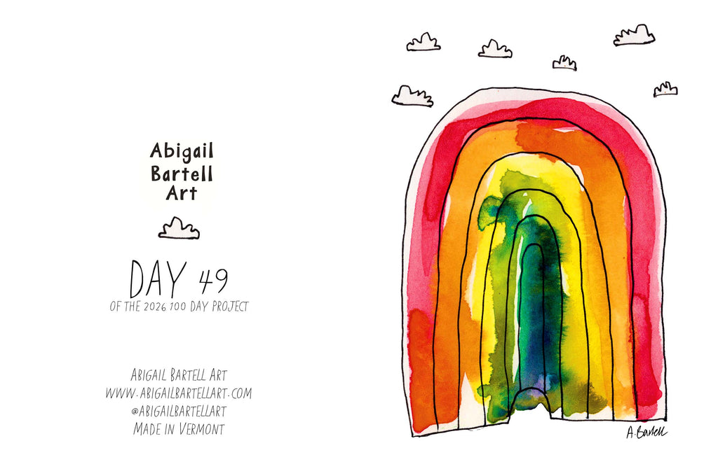 Colorful rainbow illustration of front and back of card with 'Abigail Bartell Art' branding on a white background