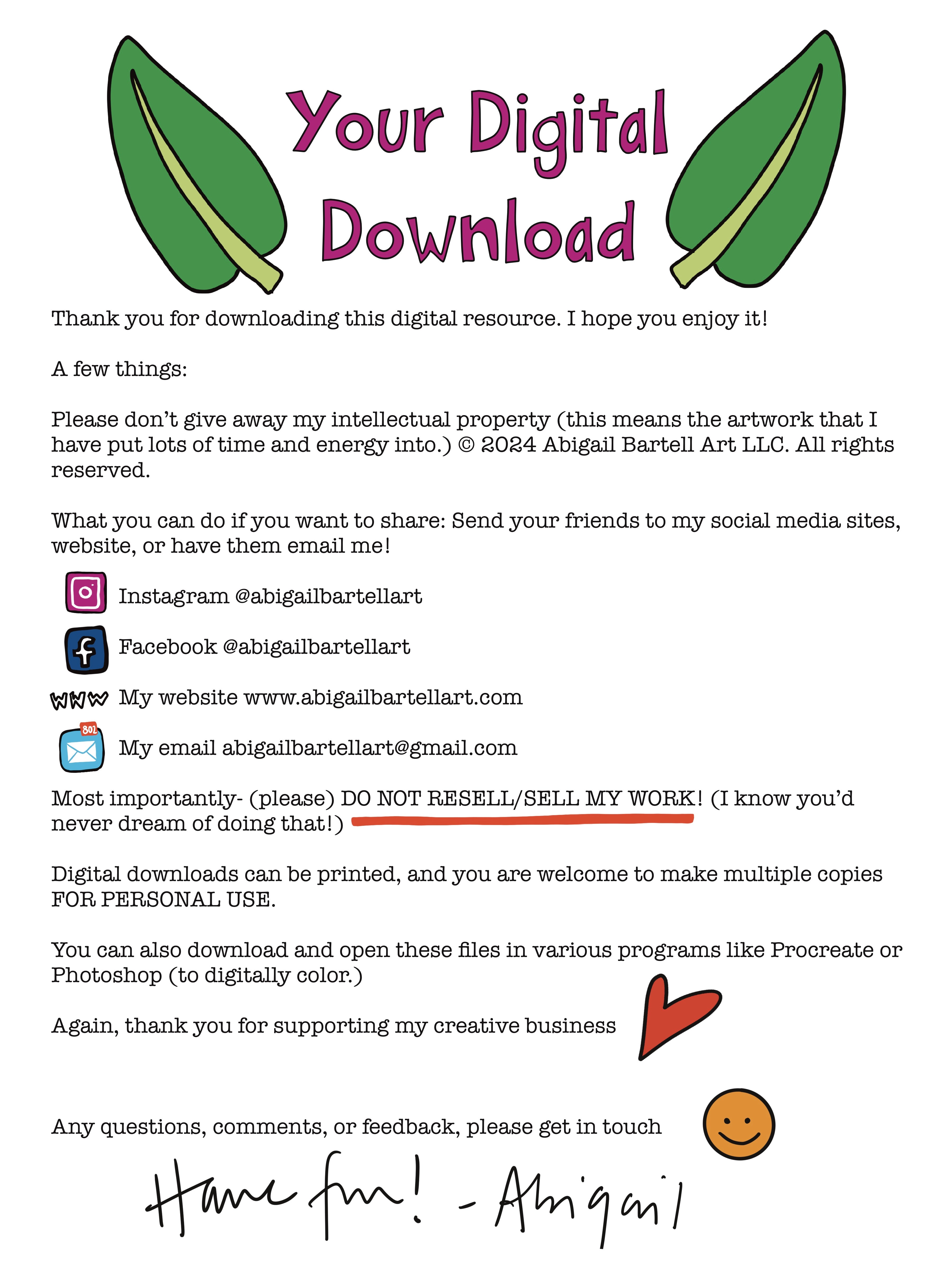 Digital download confirmation with branding and contact information