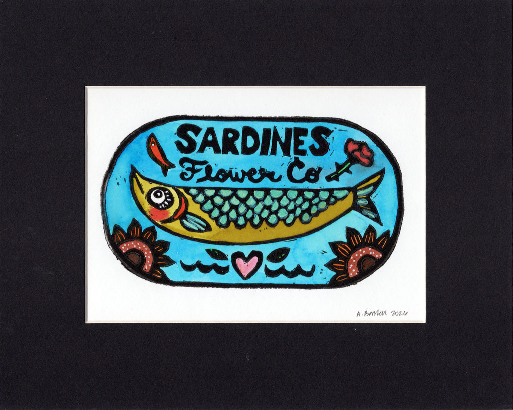 Flower Co. Sardines- Hand-Painted Linoleum Block Print: Sky-Blue