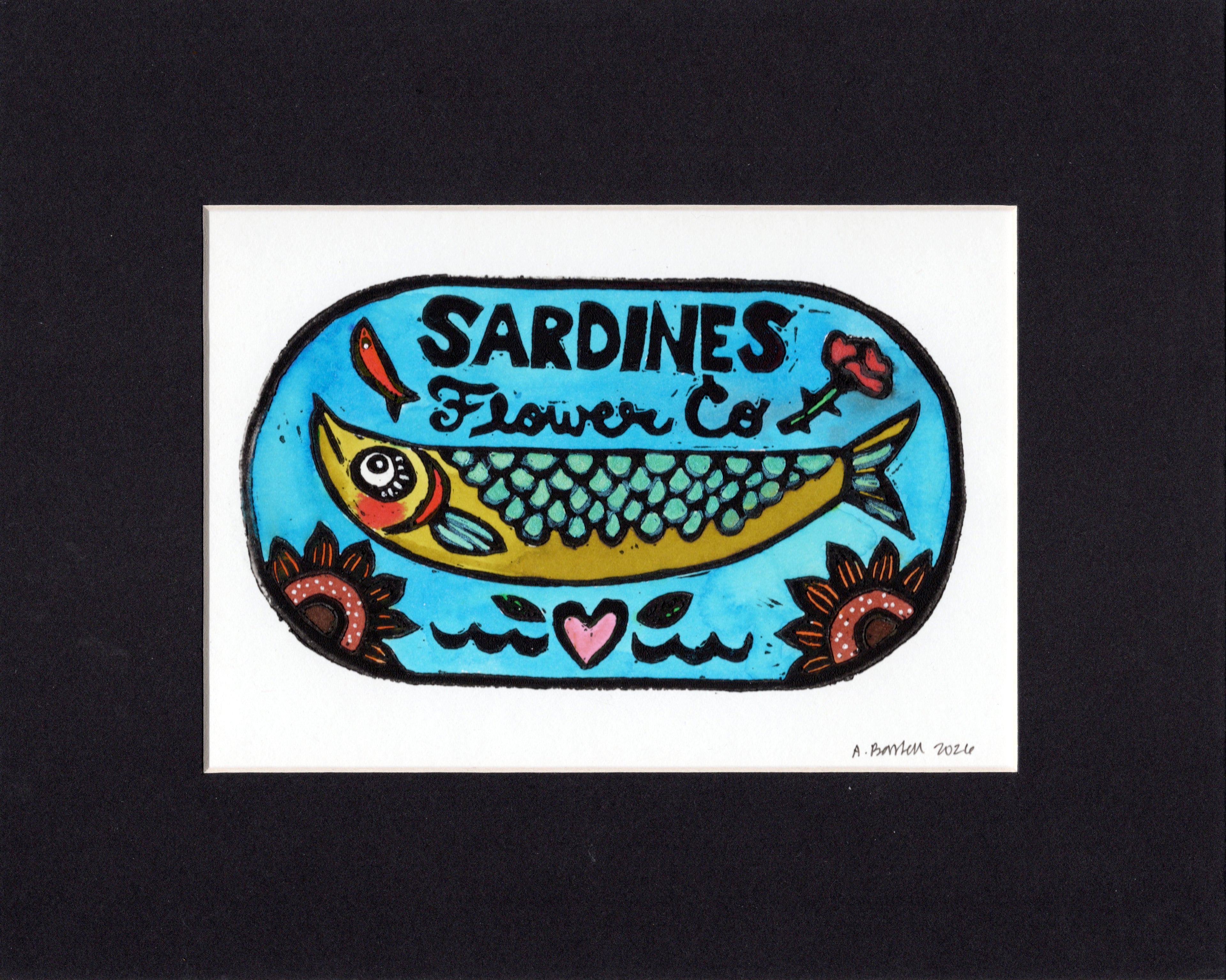 Flower Co. Sardines- Hand-Painted Linoleum Block Print: Sky-Blue