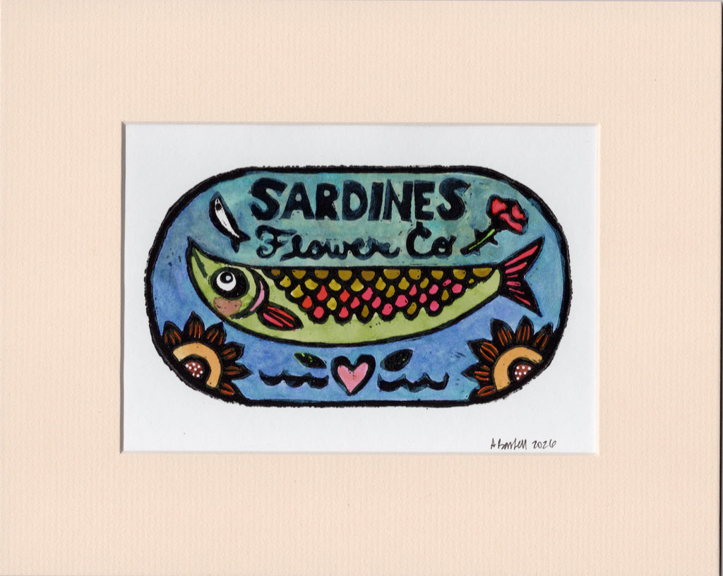 Flower Co. Sardines- Hand-Painted Linoleum Block Print: Blue Sparkle