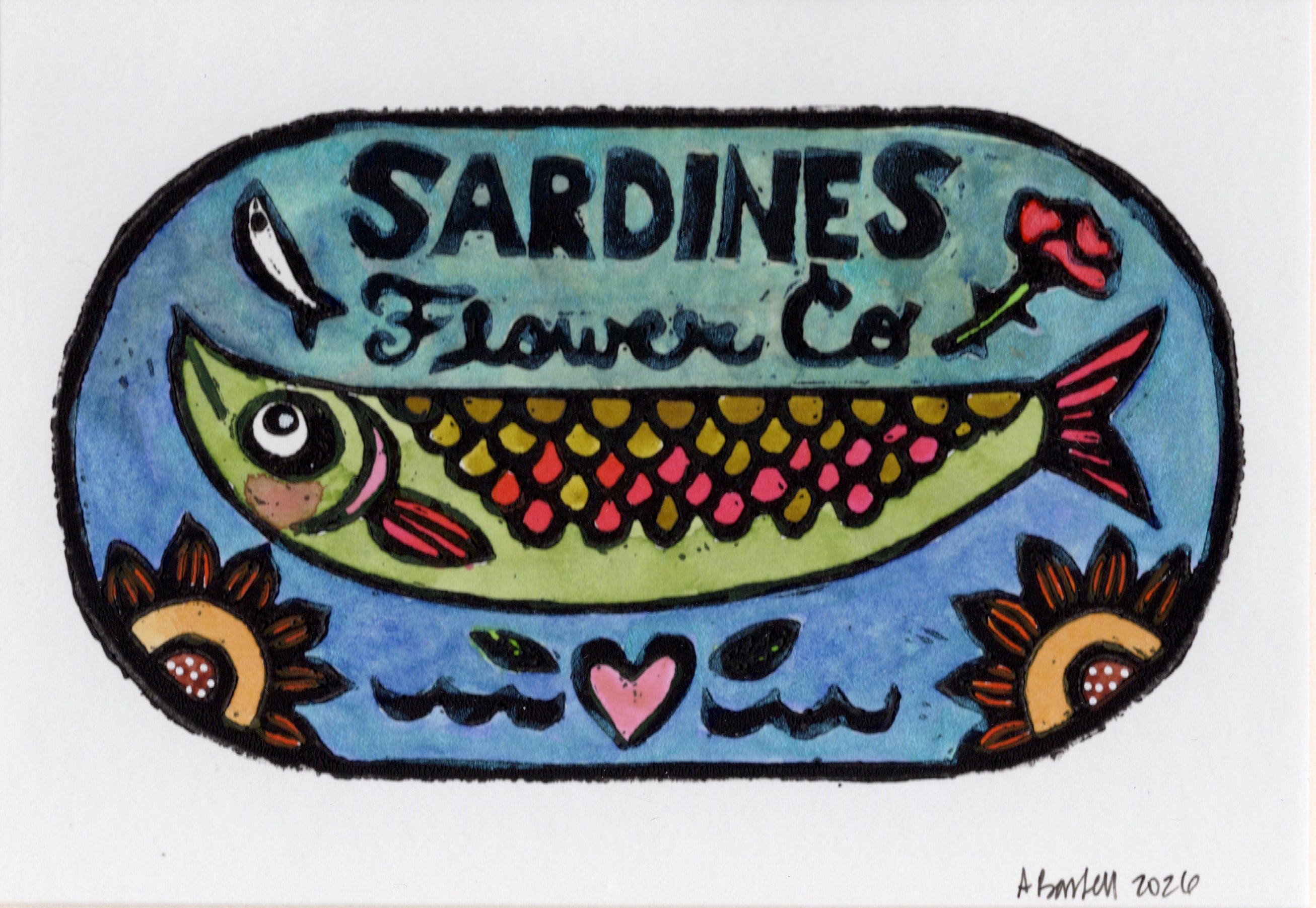 Flower Co. Sardines- Hand-Painted Linoleum Block Print: Blue Sparkle