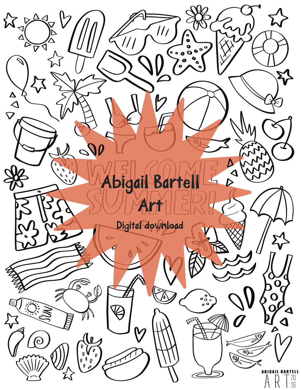 Summer-themed design with various icons and 'Welcome Summer' text, featuring the artist Abigail Bartell.