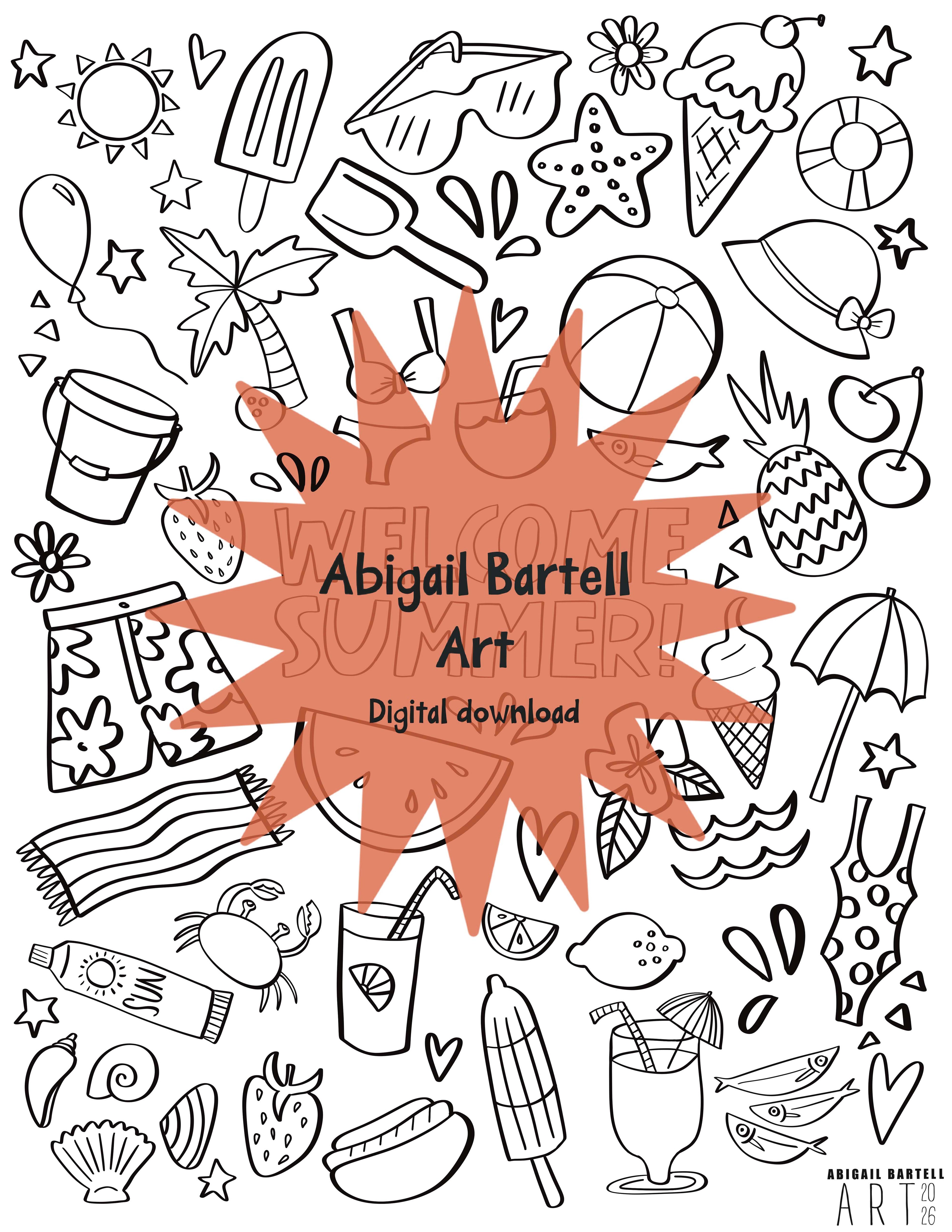 Summer-themed design with various icons and 'Welcome Summer' text, featuring the artist Abigail Bartell.