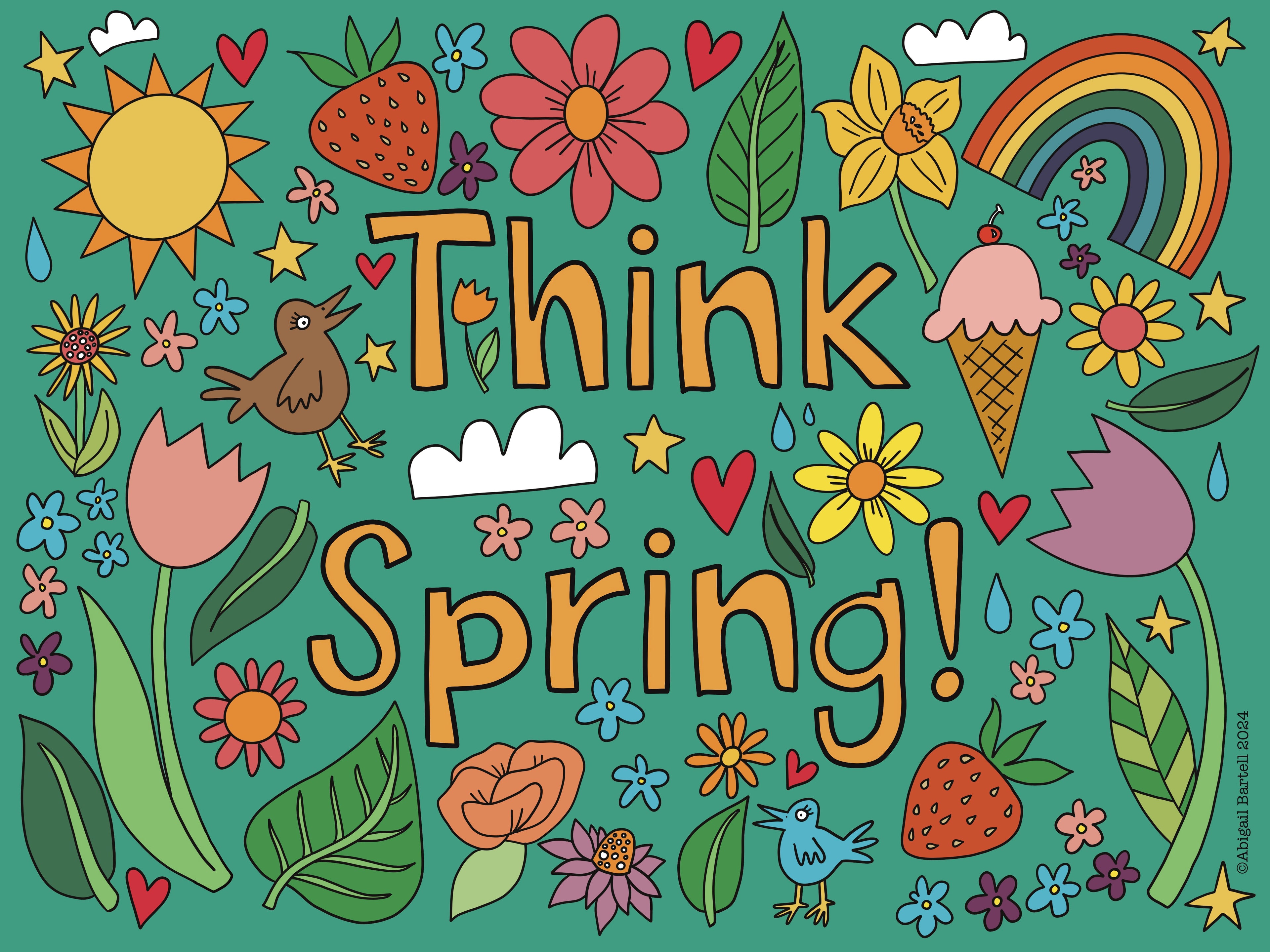 Colorful spring-themed illustration with flowers, sun, rainbow, and text on a green background.