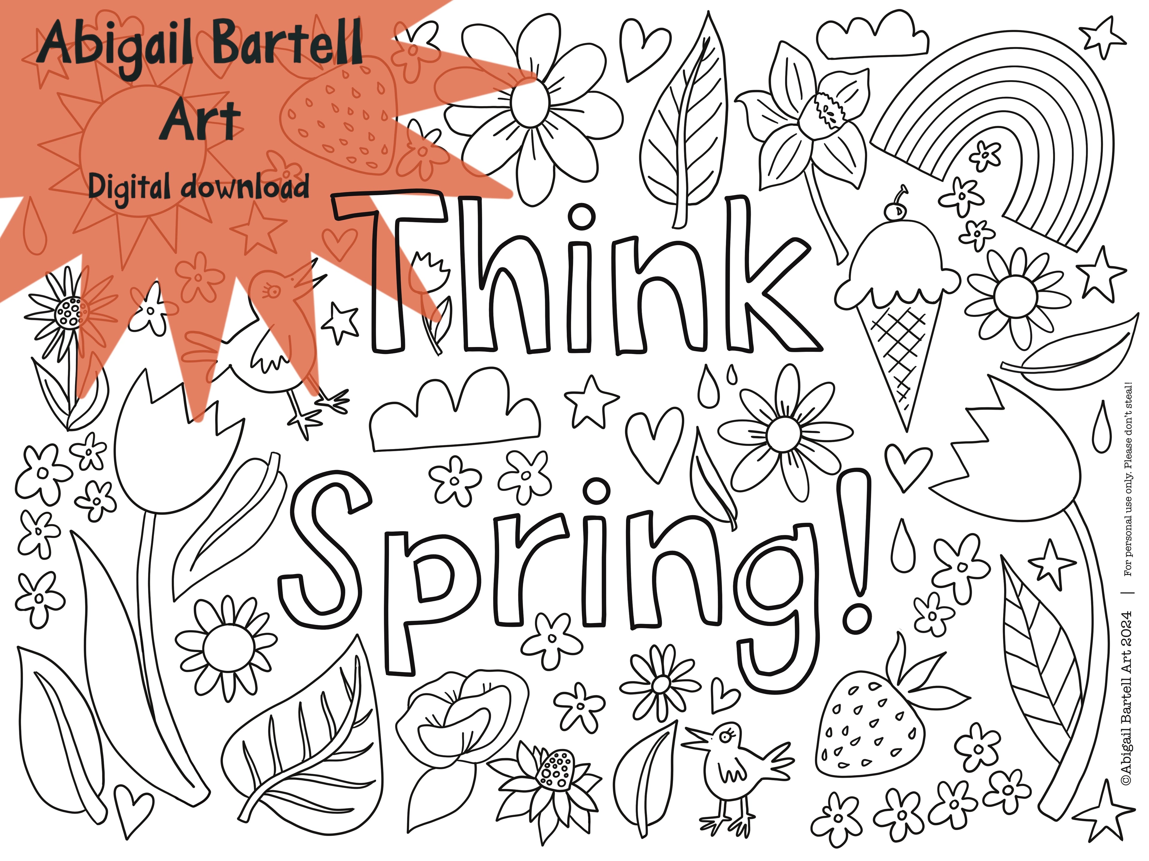 Coloring page with 'Think Spring!' text and spring-themed illustrations, featuring Abigail Bartell Art branding.