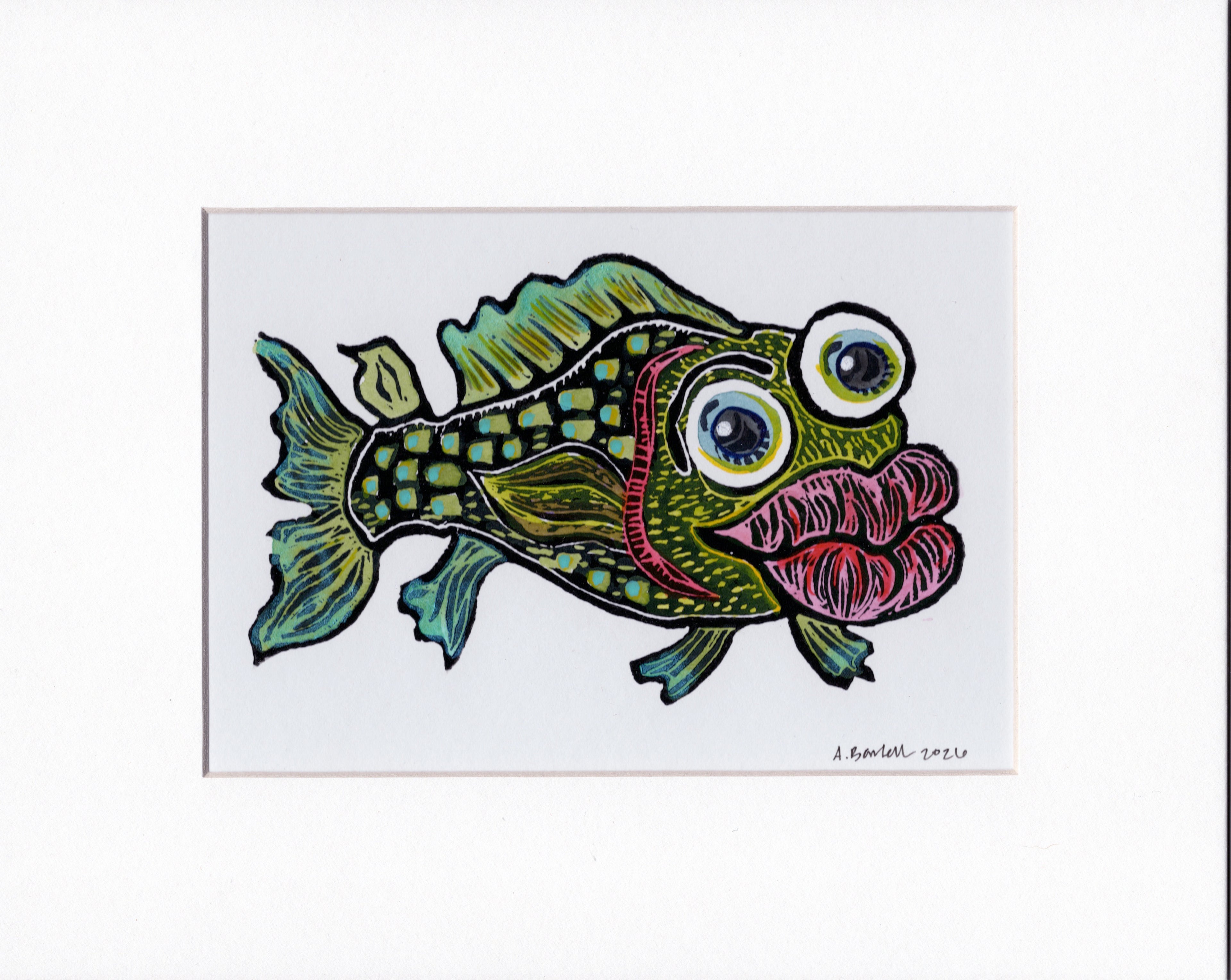 Funny Fish- Hand-Painted Linoleum Block Print