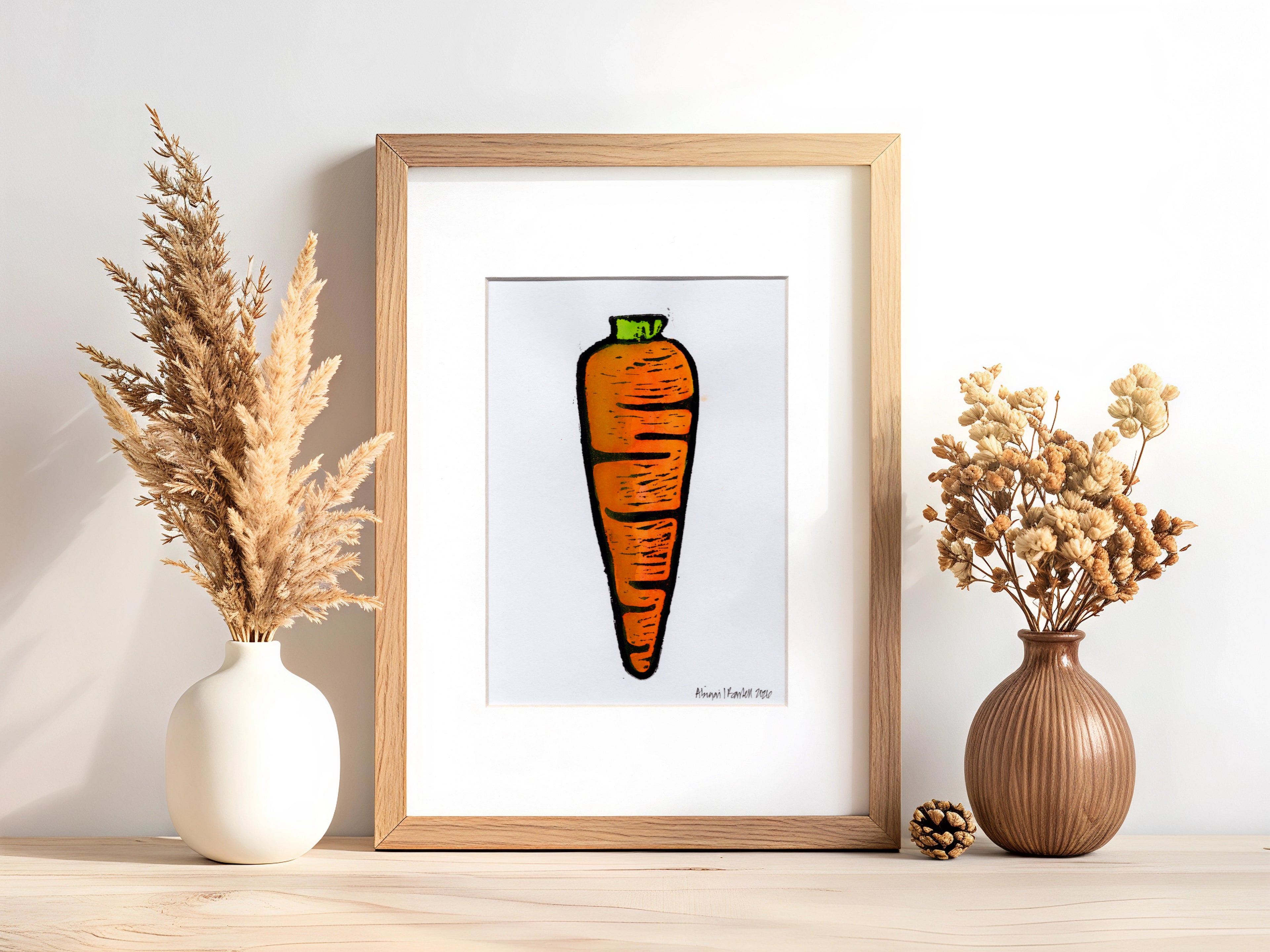 One Carrot- Hand-Painted Linoleum Block Print: White Mat