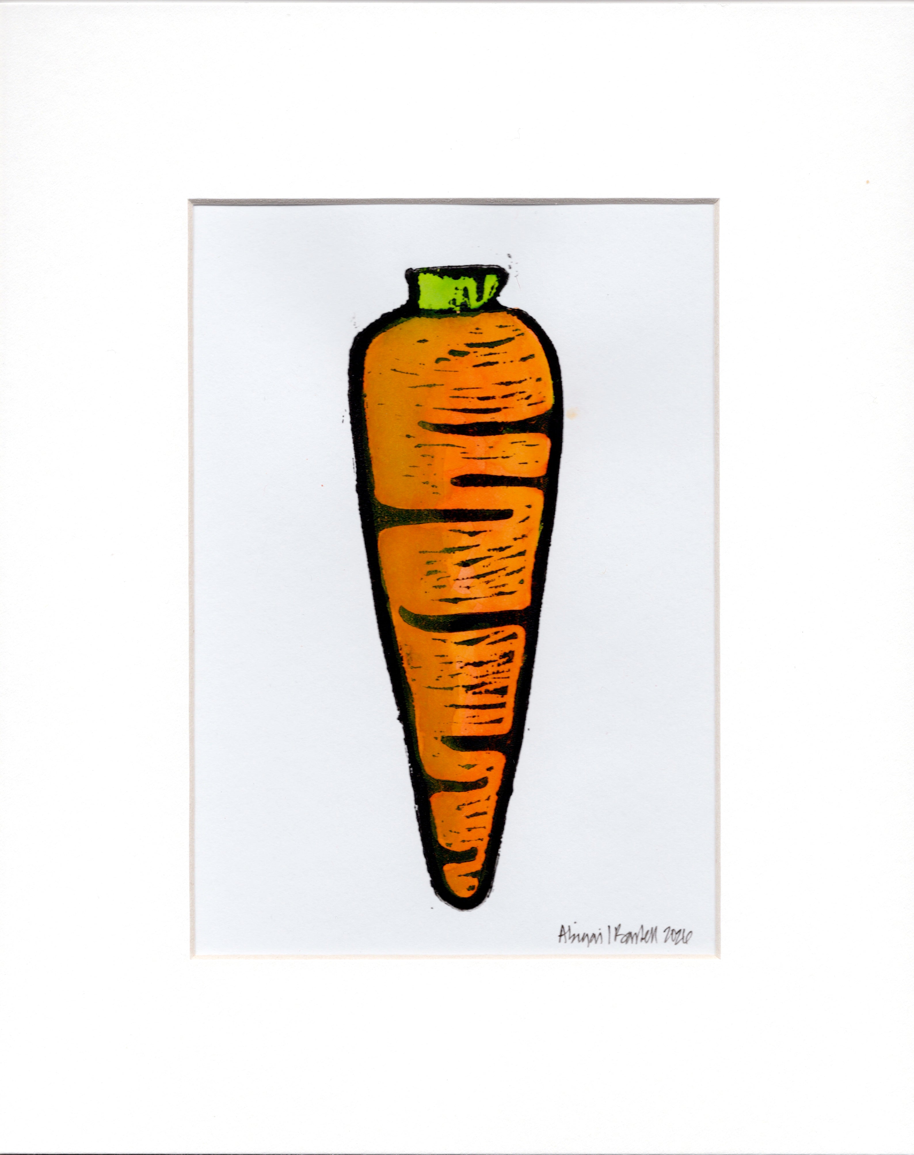One Carrot- Hand-Painted Linoleum Block Print: White Mat