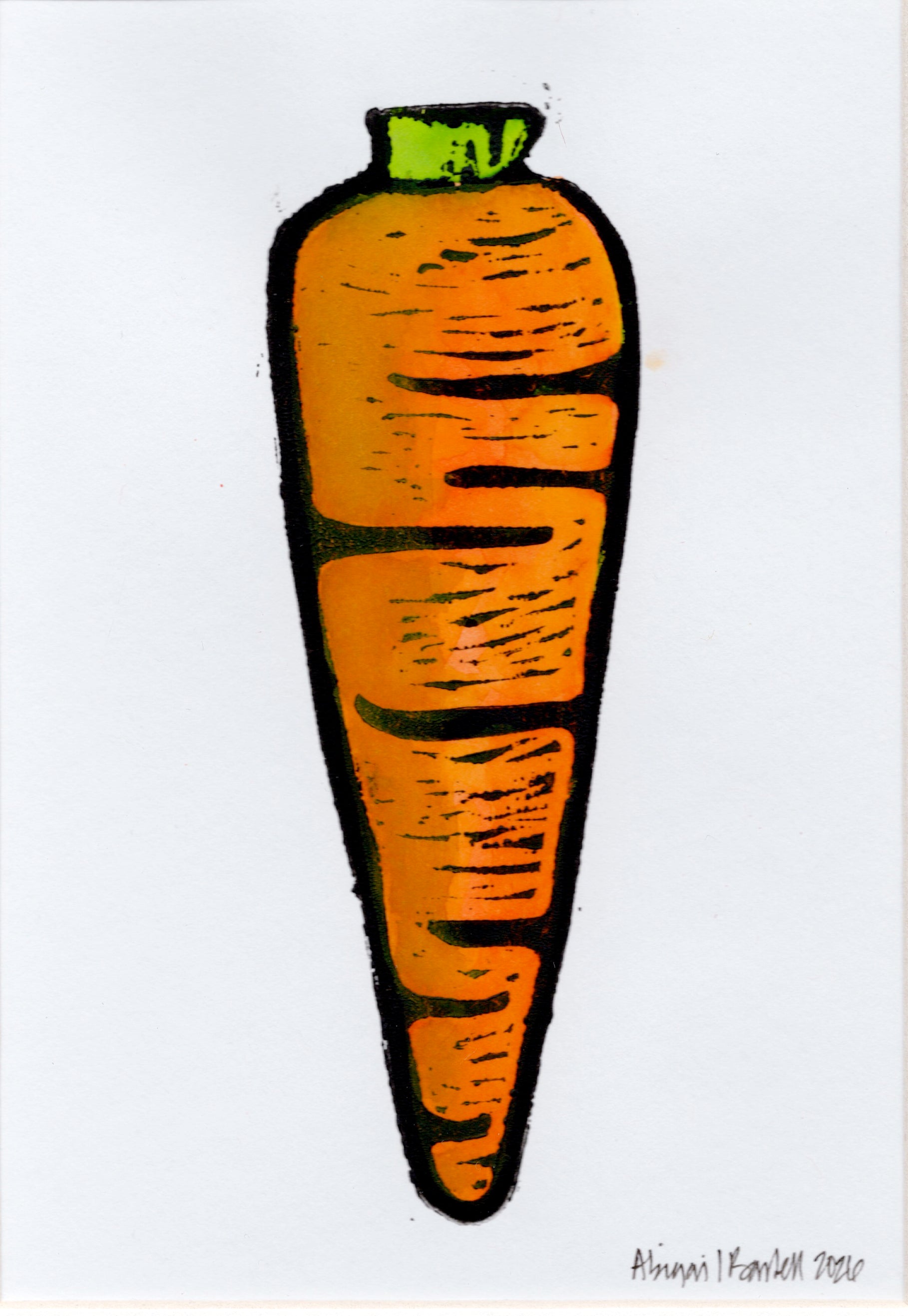 One Carrot- Hand-Painted Linoleum Block Print: White Mat