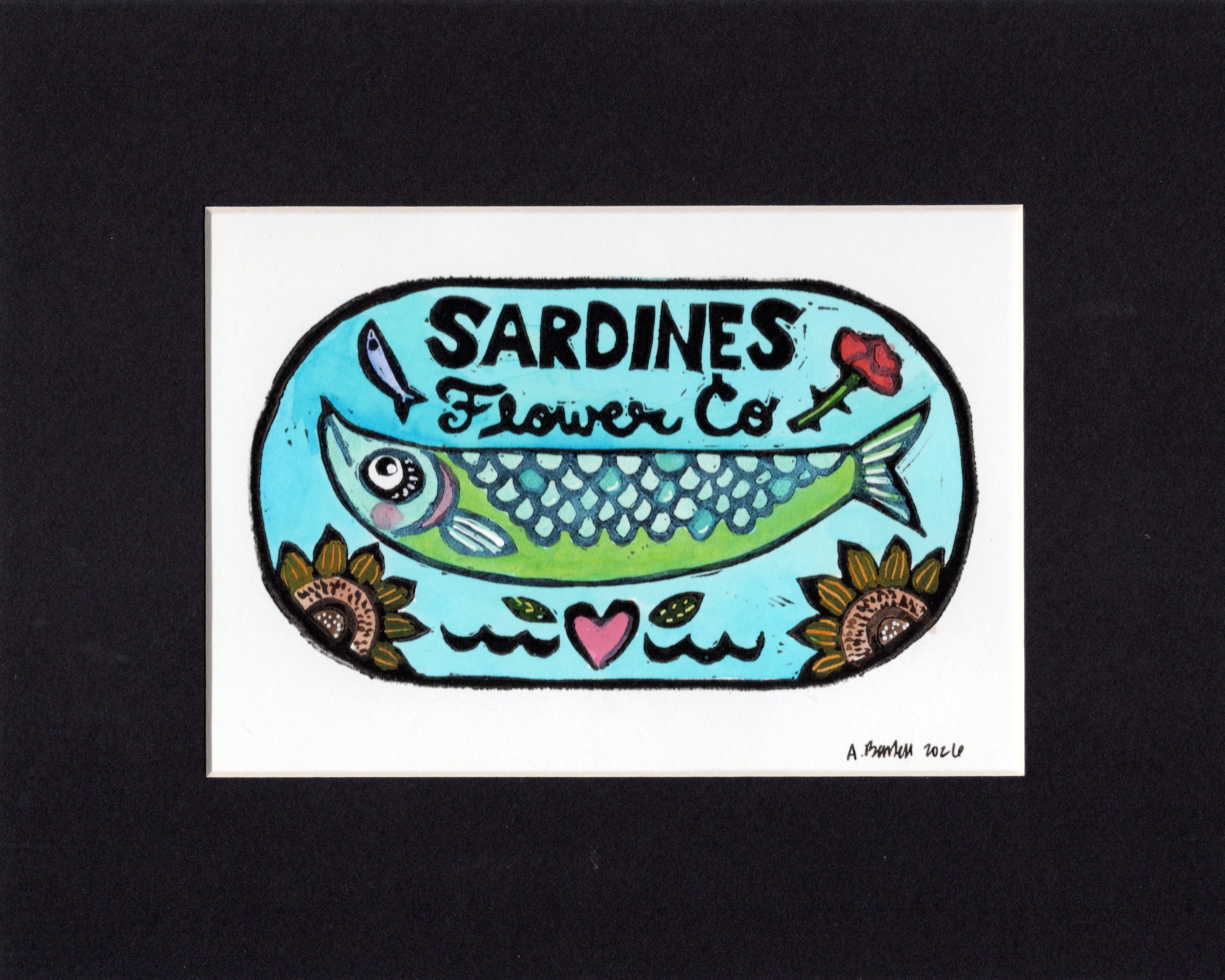 Flower Co. Sardines- Hand-Painted Linoleum Block Print: Blue-Green