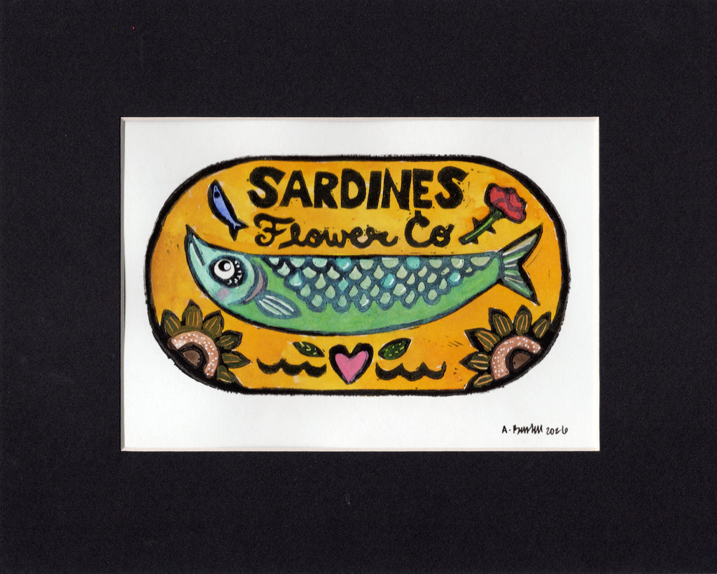 Flower Co. Sardines- Hand-Painted Linoleum Block Print: Marigold