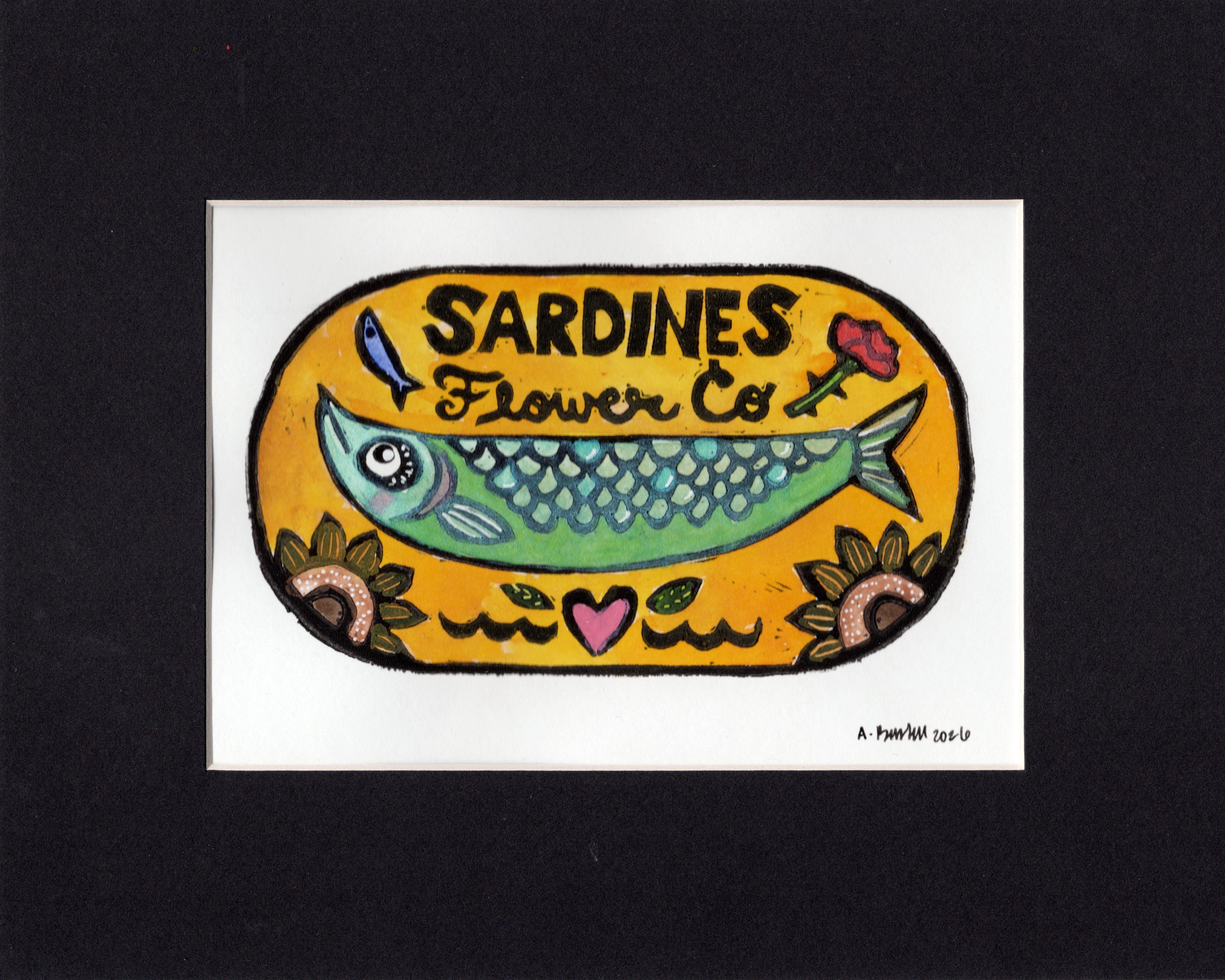 Flower Co. Sardines- Hand-Painted Linoleum Block Print: Marigold