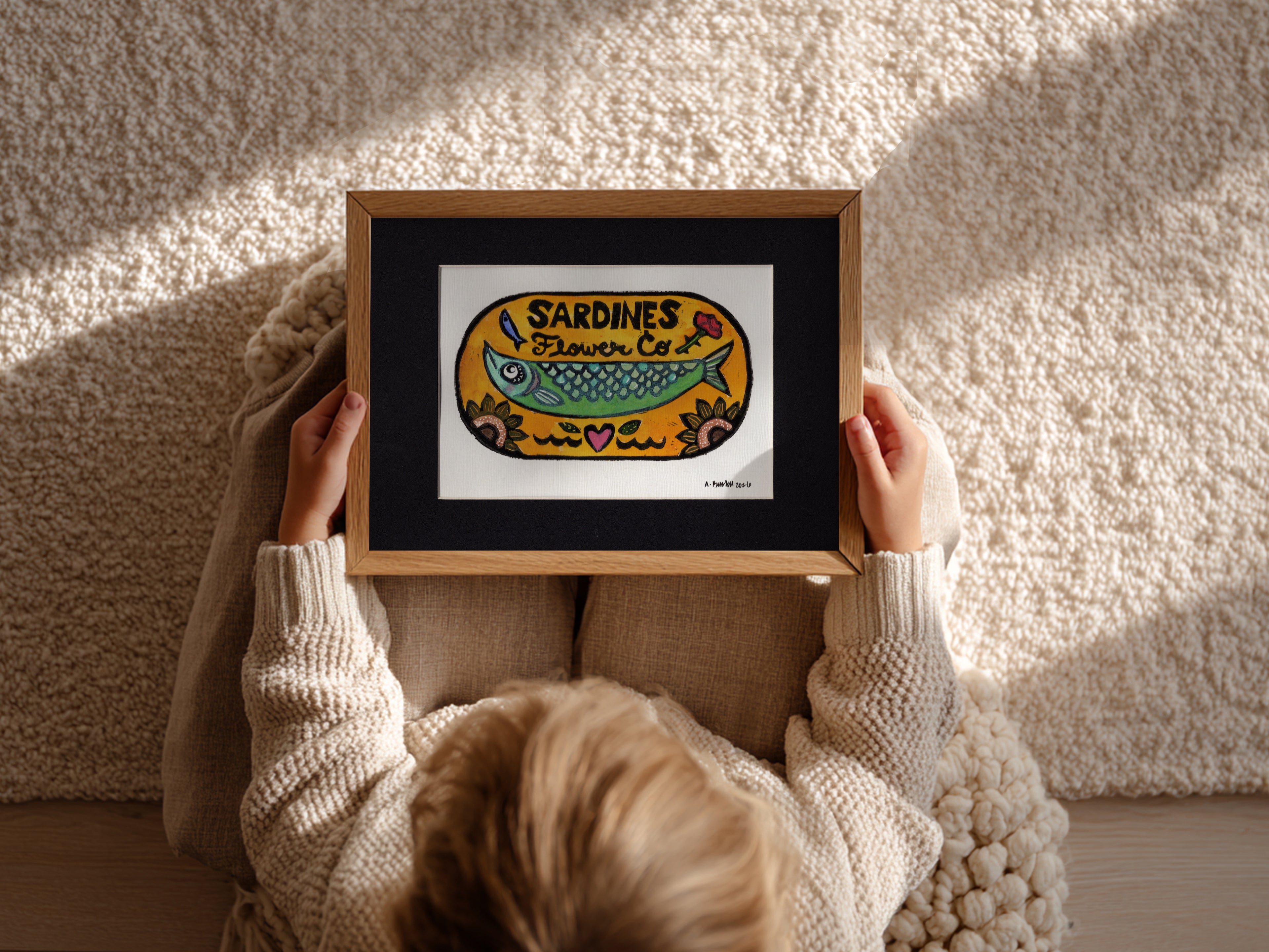 Flower Co. Sardines- Hand-Painted Linoleum Block Print: Marigold
