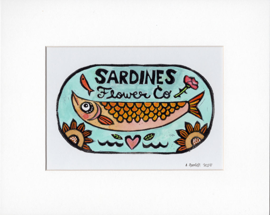 Flower Co. Sardines- Hand-Painted Linoleum Block Print: Robin's Egg Blue