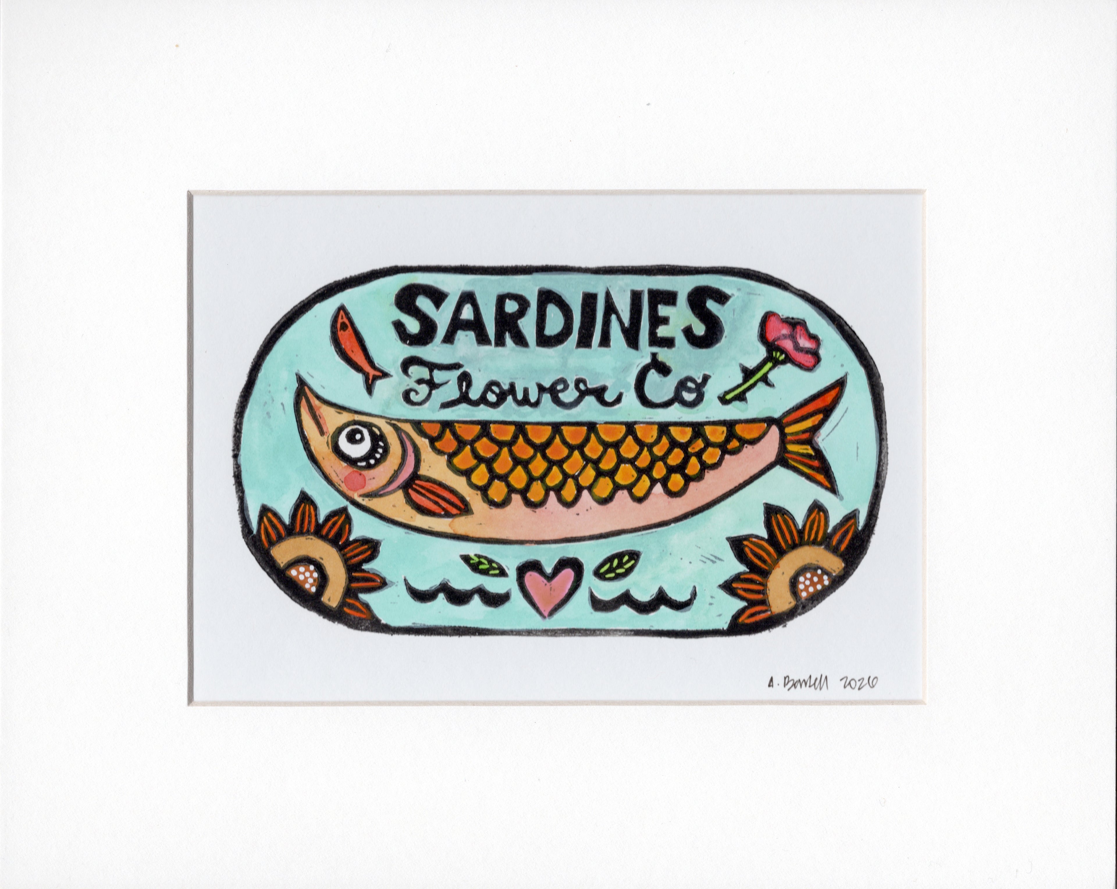 Flower Co. Sardines- Hand-Painted Linoleum Block Print: Robin's Egg Blue