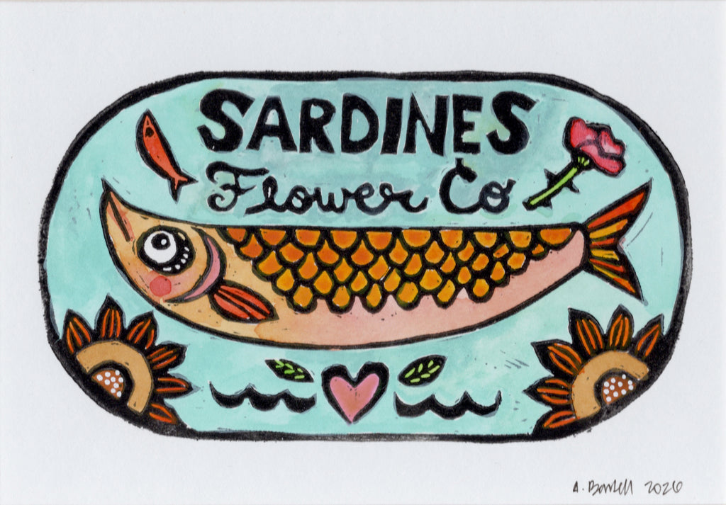 Flower Co. Sardines- Hand-Painted Linoleum Block Print: Robin's Egg Blue