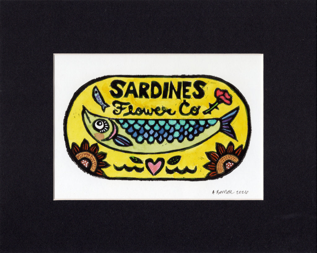Flower Co. Sardines- Hand-Painted Linoleum Block Print: Sunshine Yellow