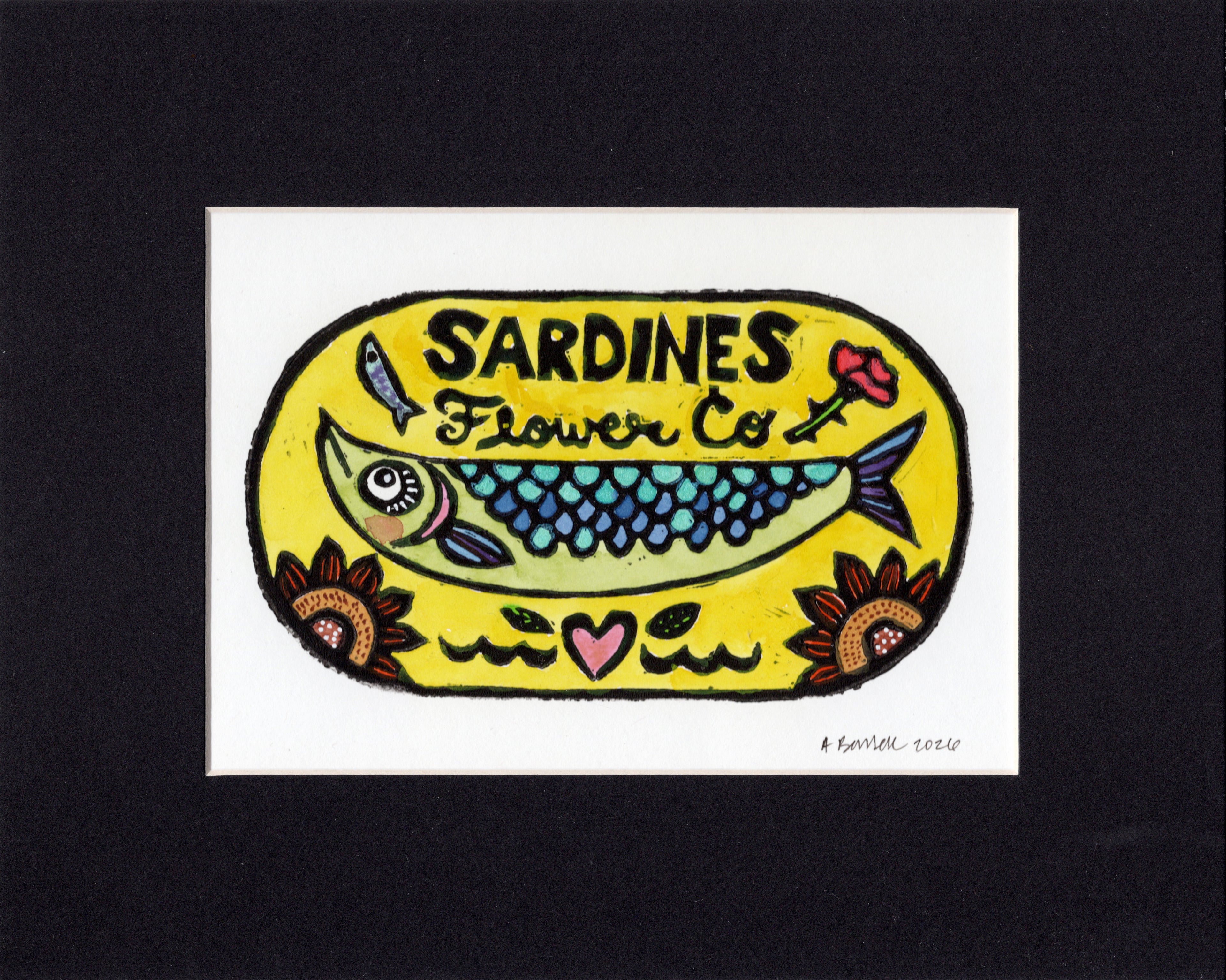 Flower Co. Sardines- Hand-Painted Linoleum Block Print: Sunshine Yellow