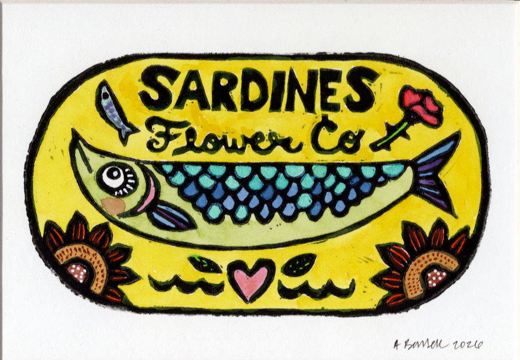 Flower Co. Sardines- Hand-Painted Linoleum Block Print: Sunshine Yellow