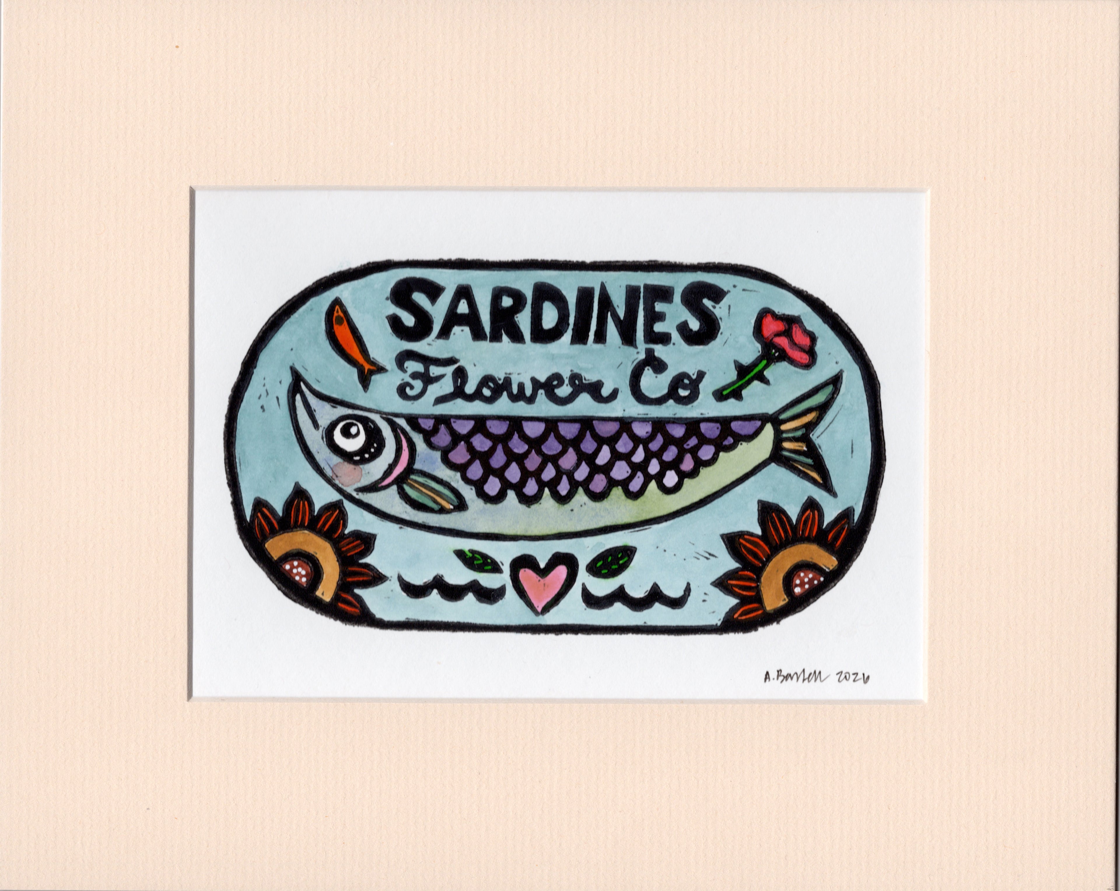 Flower Co. Sardines- Hand-Painted Linoleum Block Print: Sky Blue