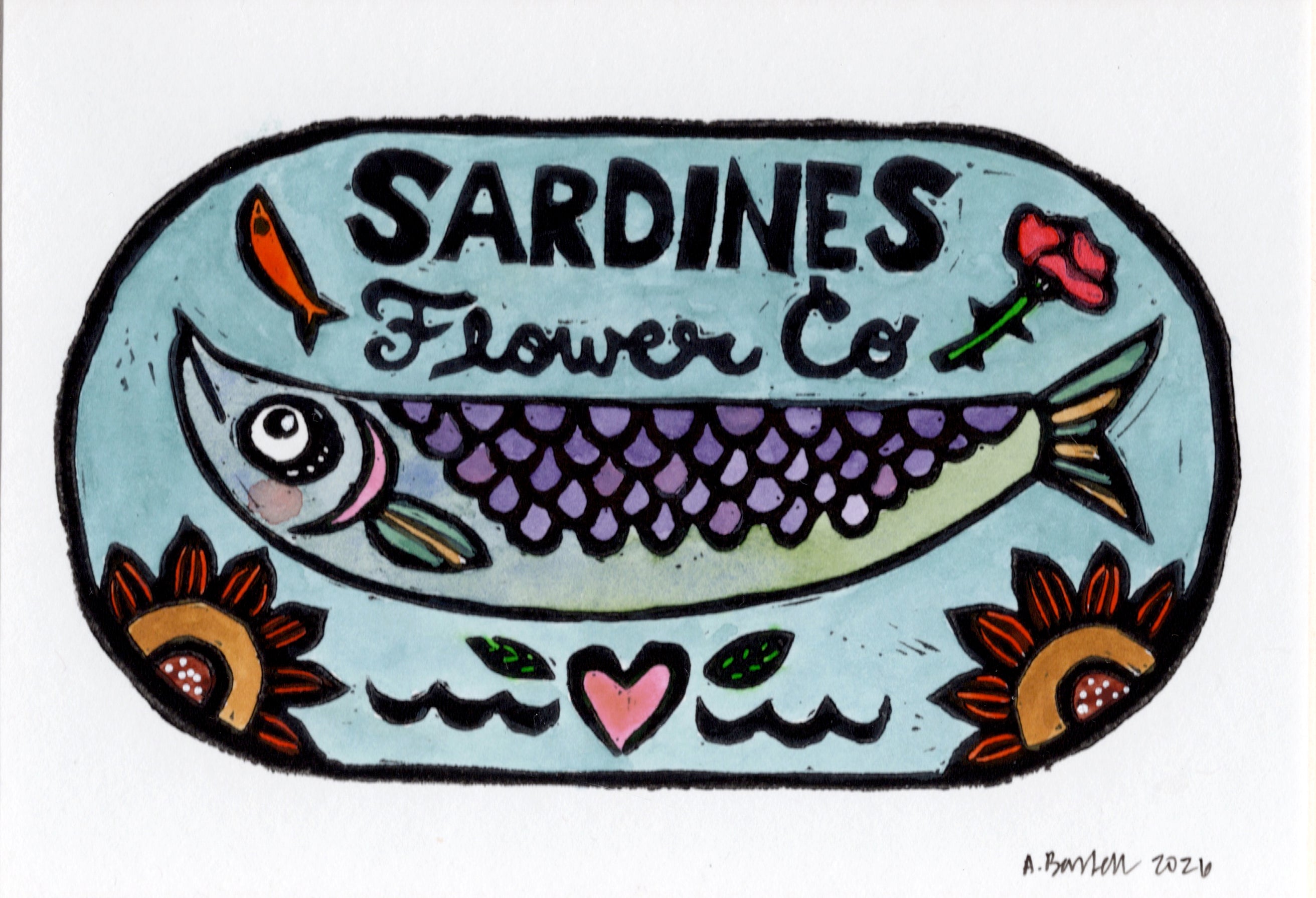Flower Co. Sardines- Hand-Painted Linoleum Block Print: Sky Blue