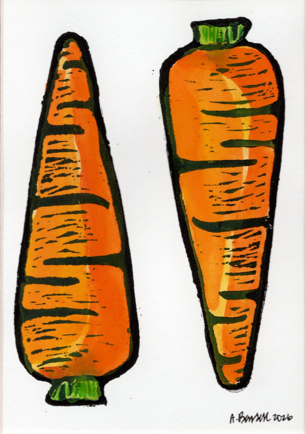 Two Carrots- Hand-Painted Linoleum Block Print