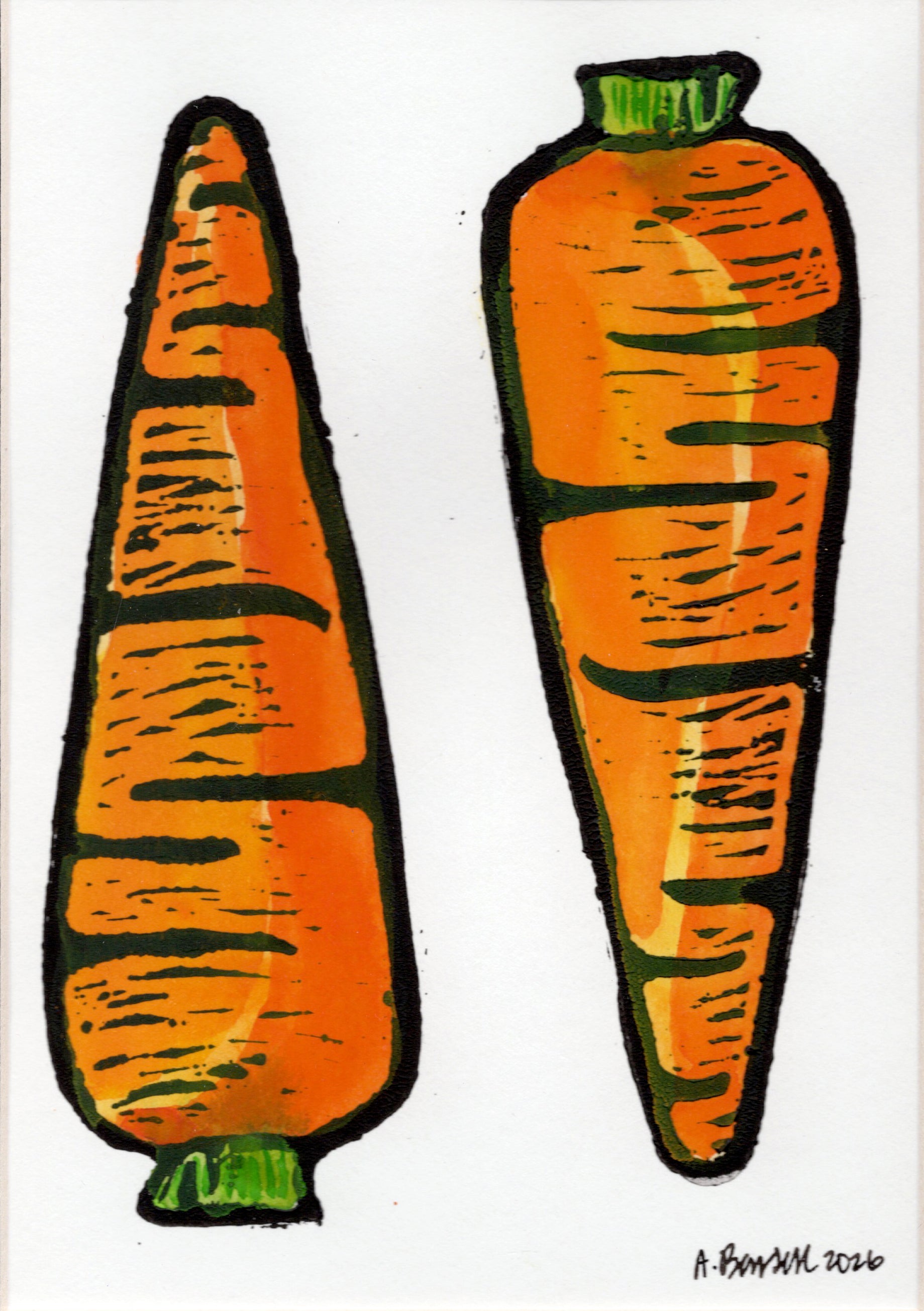 Two Carrots- Hand-Painted Linoleum Block Print