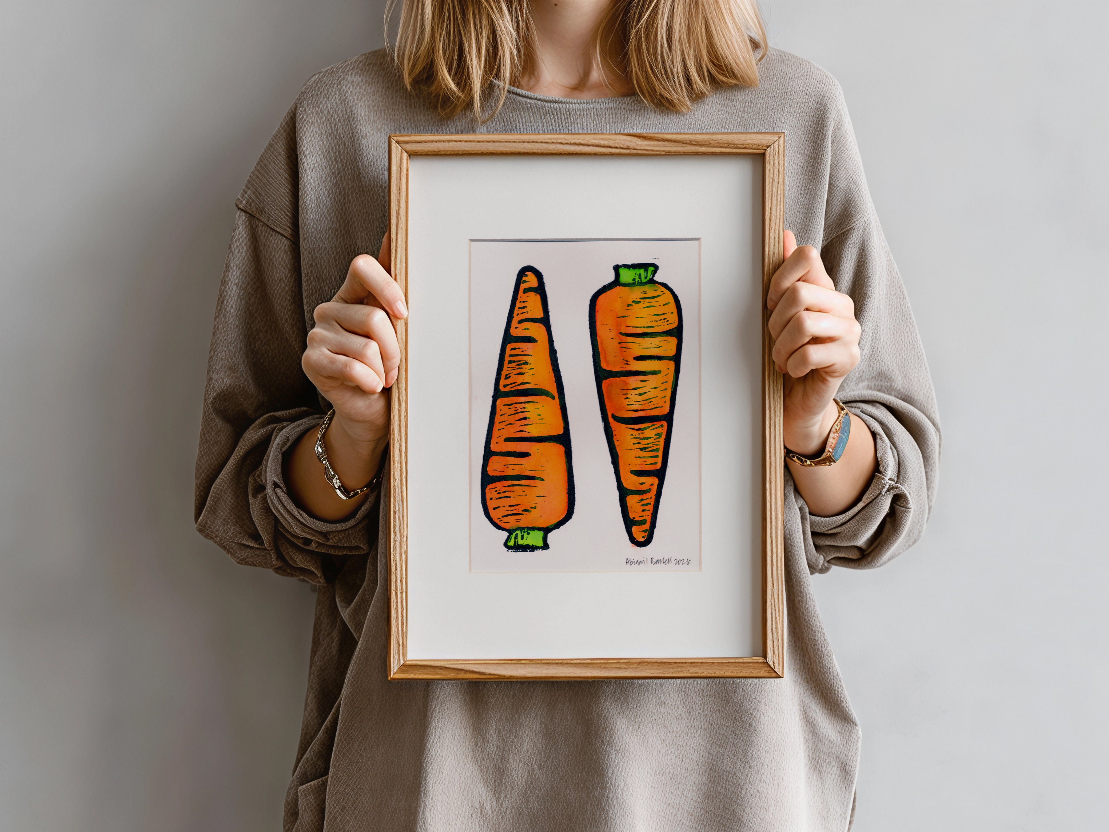 Two Carrots- Hand-Painted Linoleum Block Print: White Mat