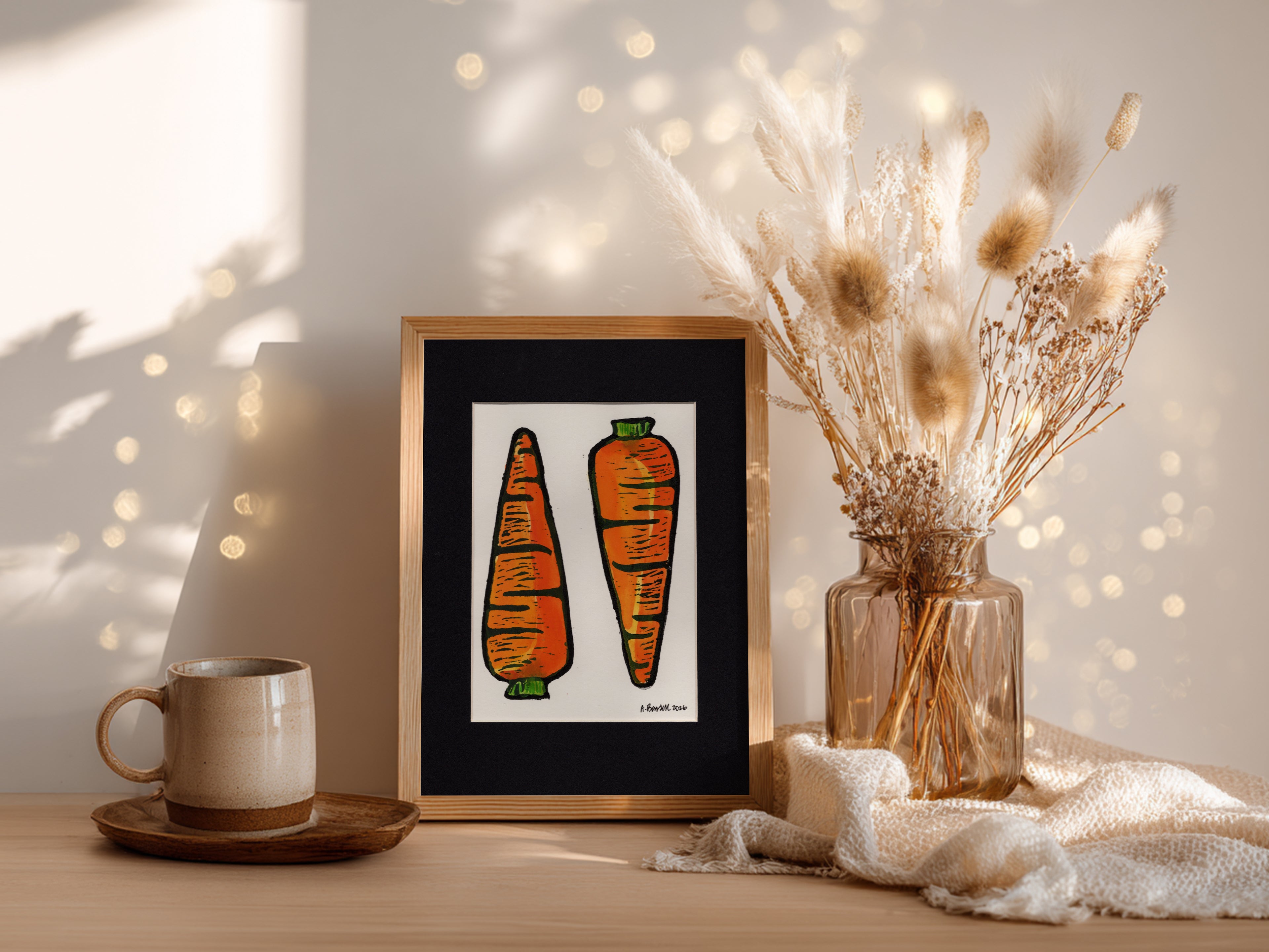 Two Carrots- Hand-Painted Linoleum Block Print