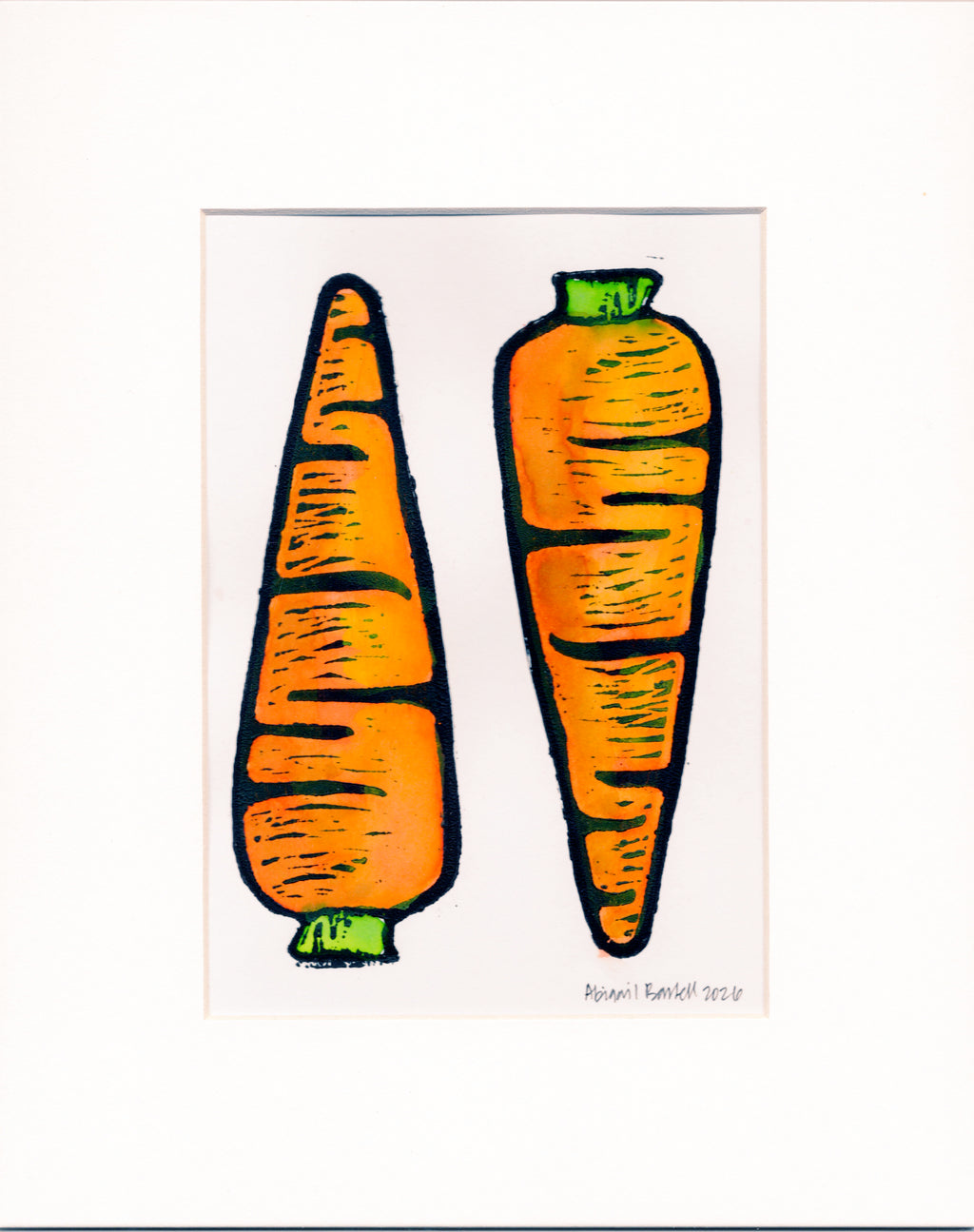Two Carrots- Hand-Painted Linoleum Block Print: White Mat
