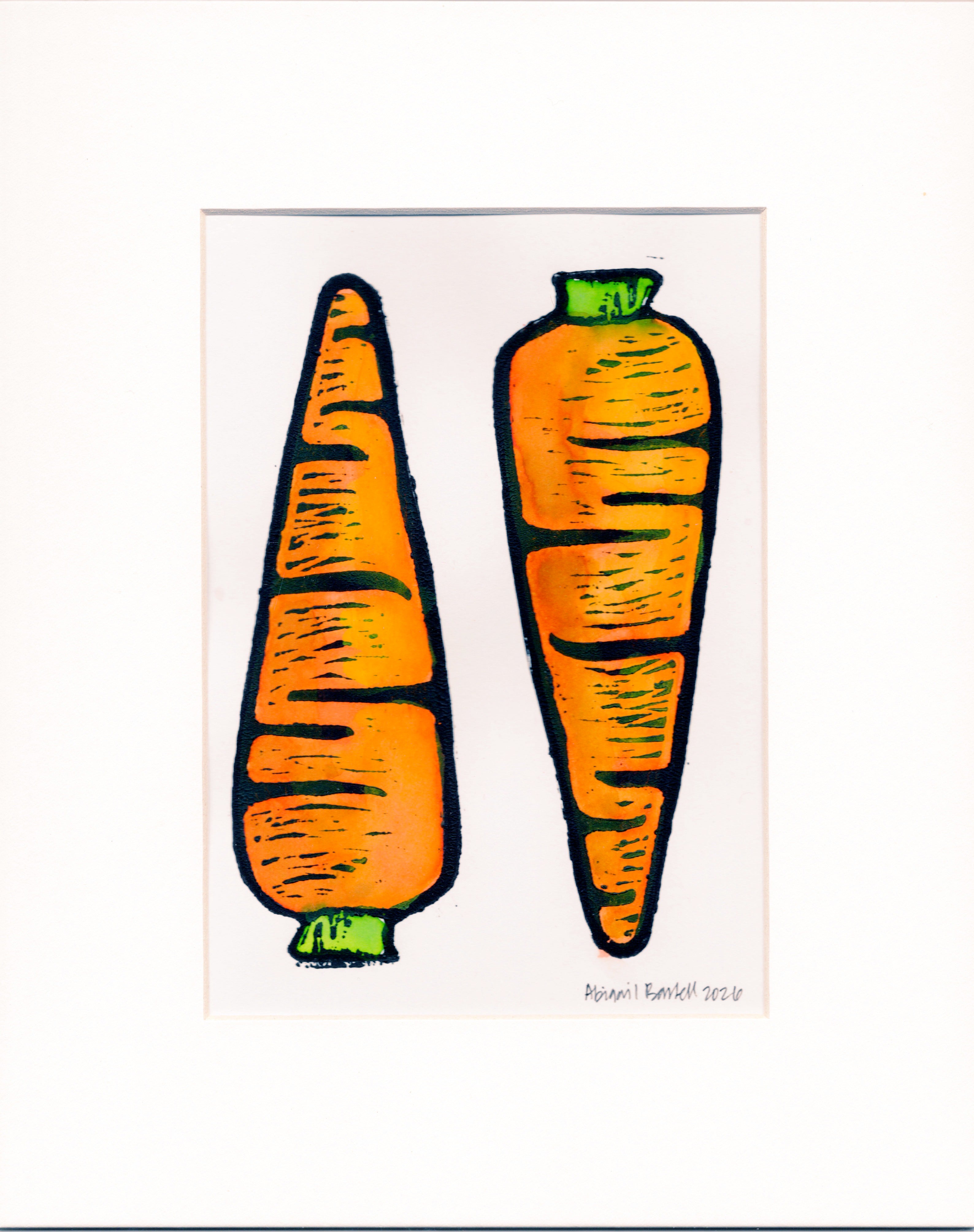 Two Carrots- Hand-Painted Linoleum Block Print: White Mat