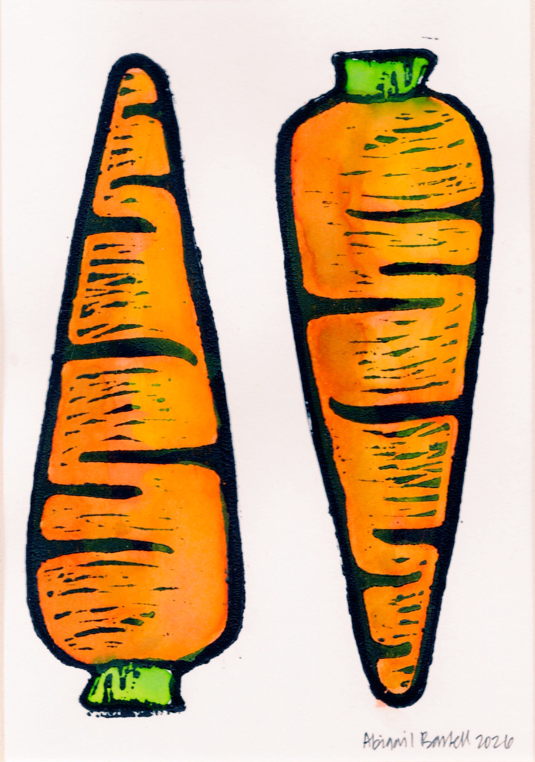 Two Carrots- Hand-Painted Linoleum Block Print: White Mat